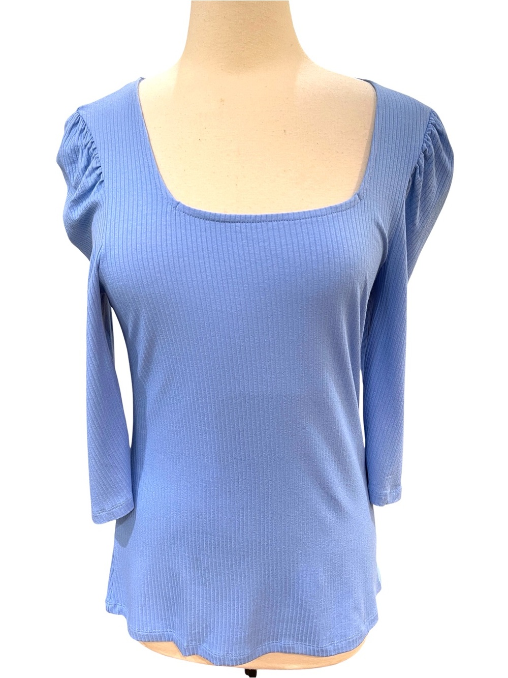 New Bobeau Ribbed Square Neck 3/4 Sleeve Top SZ L  Blue
